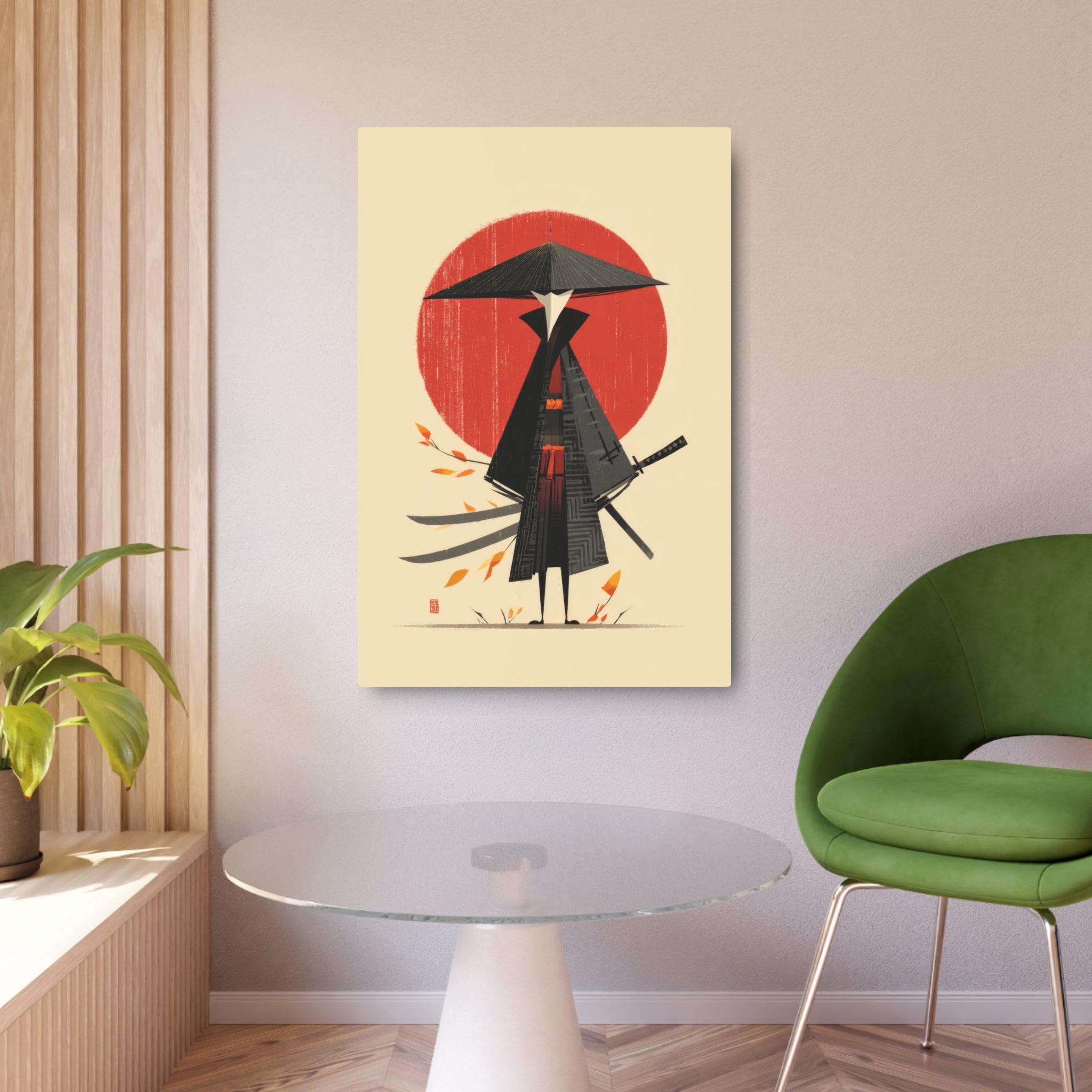 Samurai Metal Art Sign — Minimal Japanese Warrior Wall Decor with Red Sun