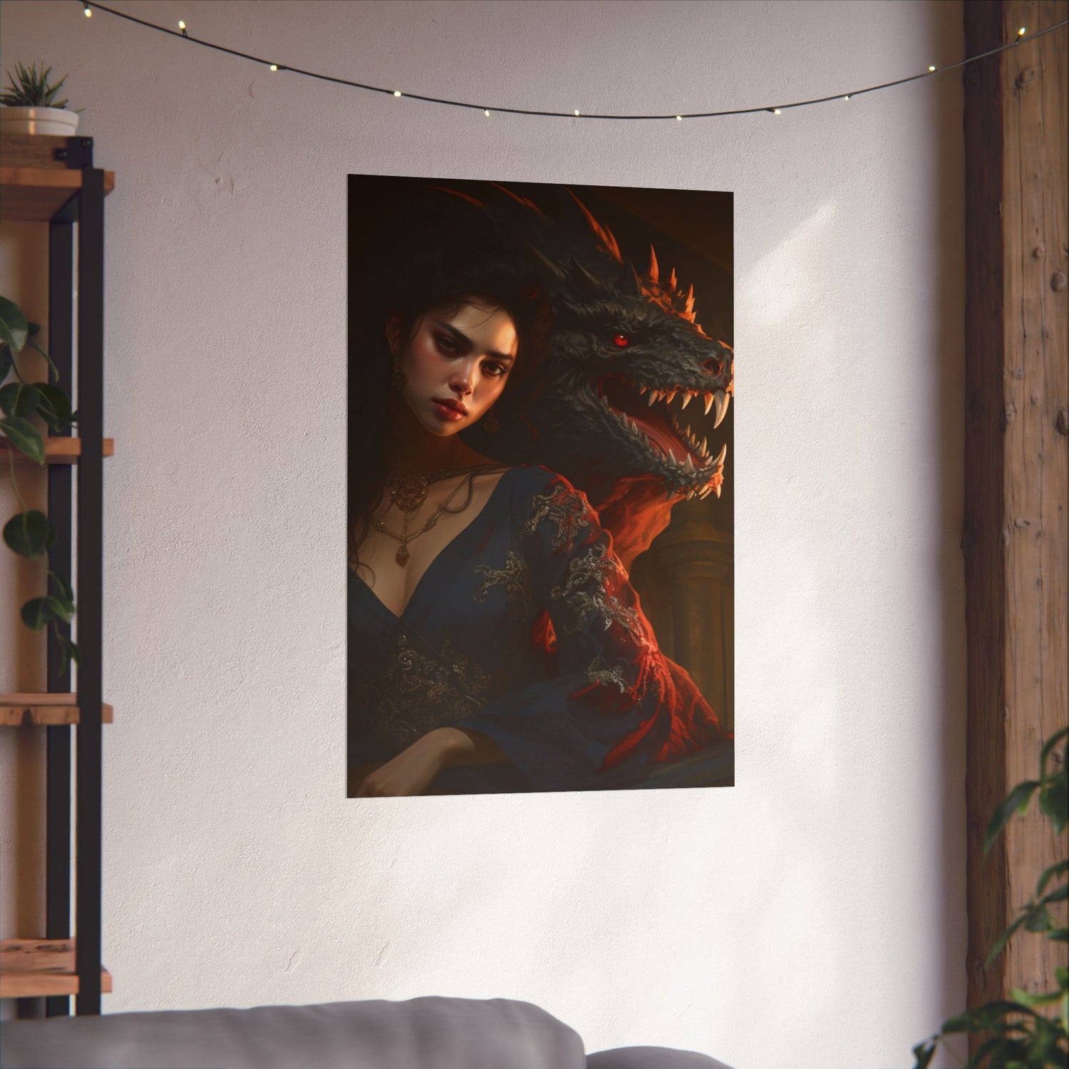 Fantasy Portrait Poster — Dark Sorceress with Dragon Matte Vertical Print - The Art Hub