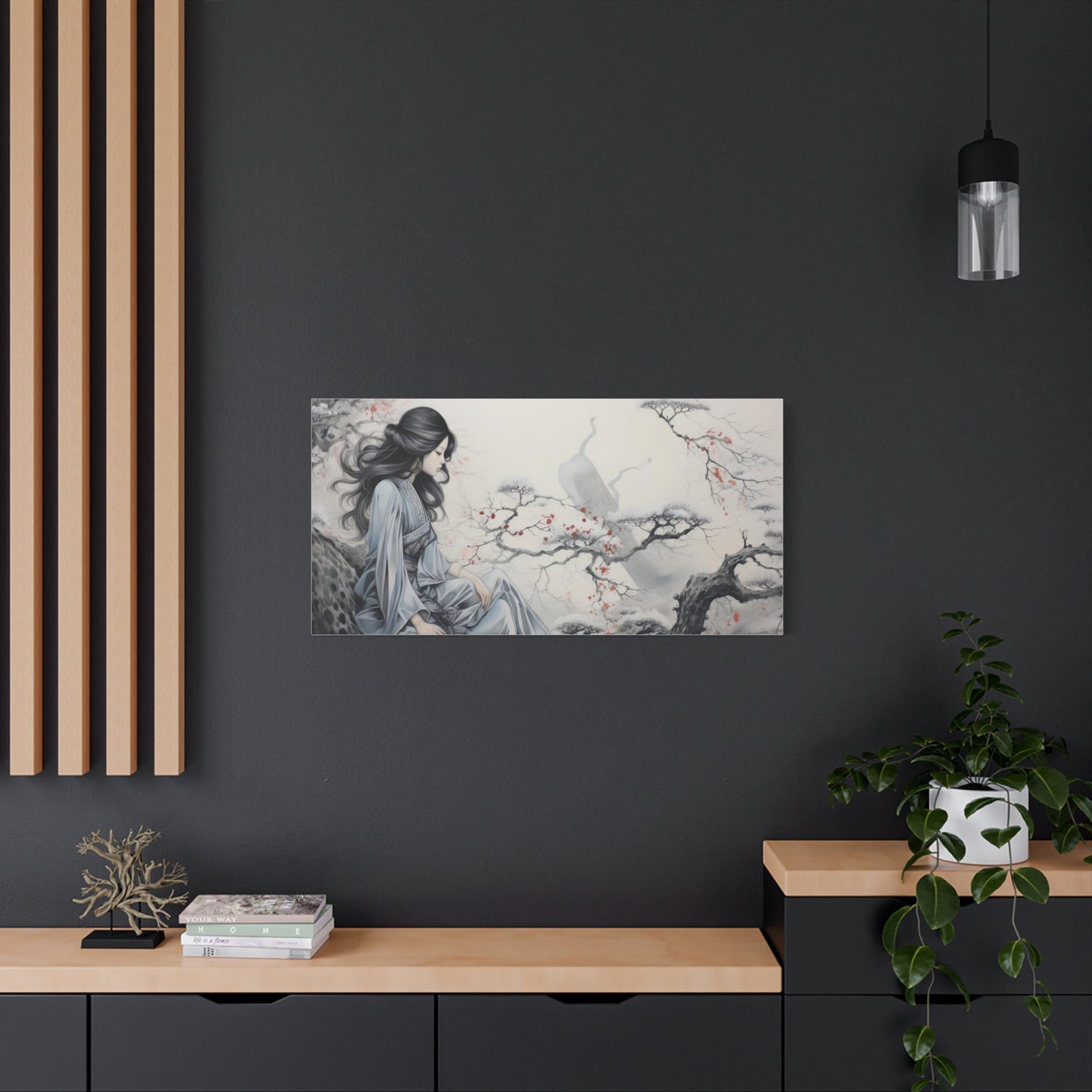 Canvas Wall Art Serene Geisha in Misty Cherry Blossom - The Art Hub