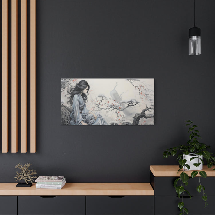 Canvas Wall Art Serene Geisha in Misty Cherry Blossom - The Art Hub