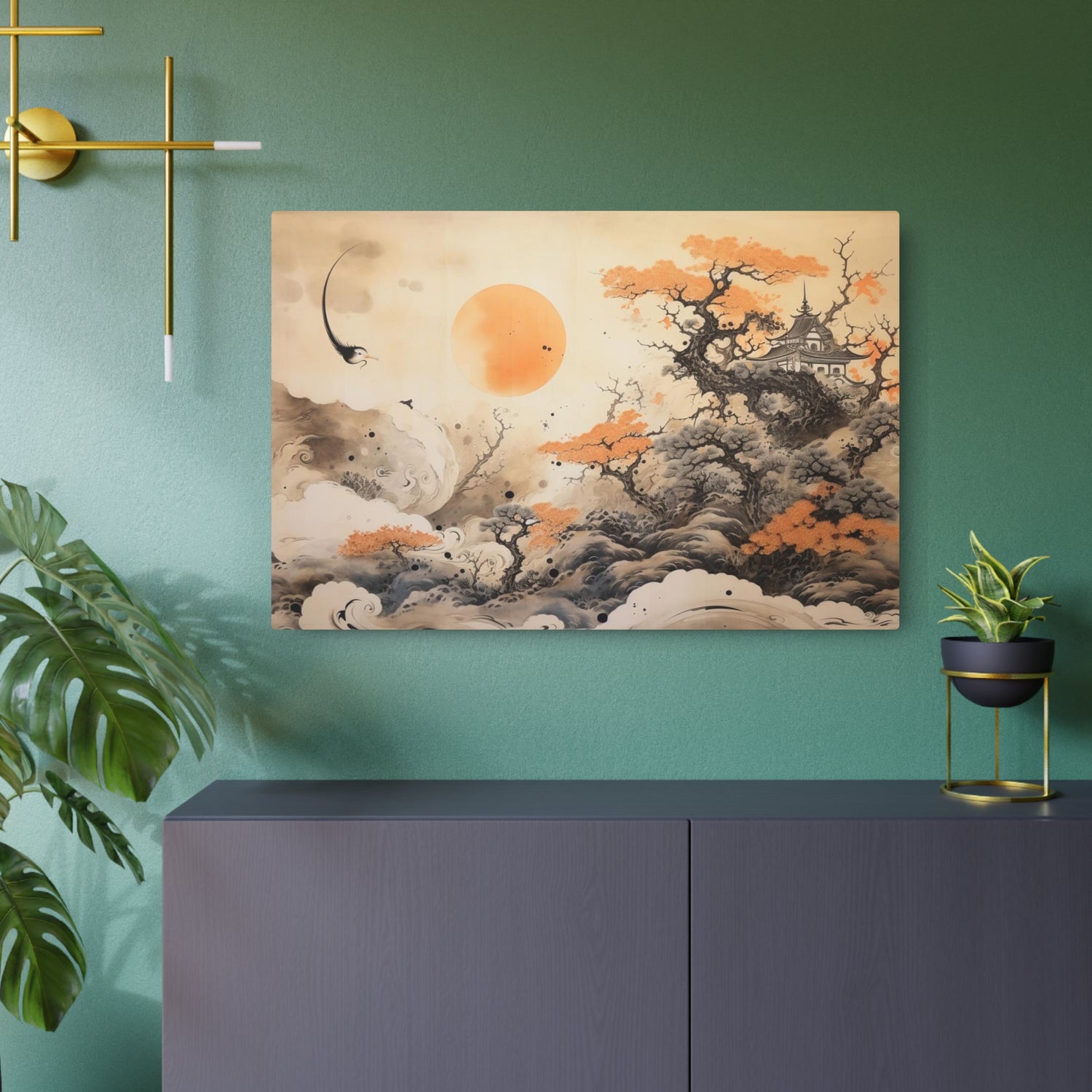 Japanese Landscape Metal Art Orange Sun & Bonsai Trees Wall Decor - The Art Hub