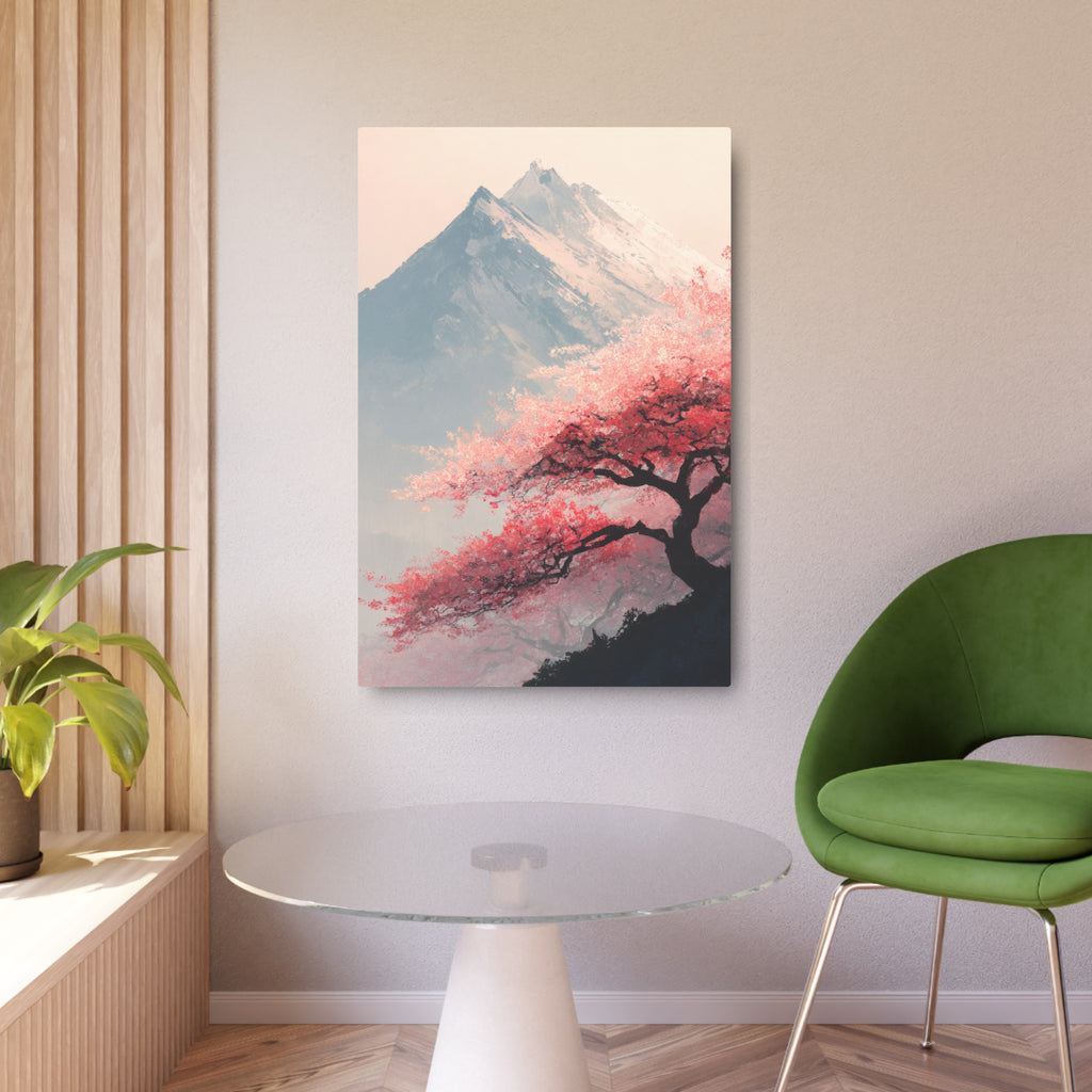 Metal Art Sign - Cherry Blossom Mountain Landscape Wall Decor