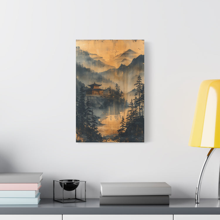 Golden Mist Mountain Landscape Canvas — Asian Pagoda Wall Art - The Art Hub