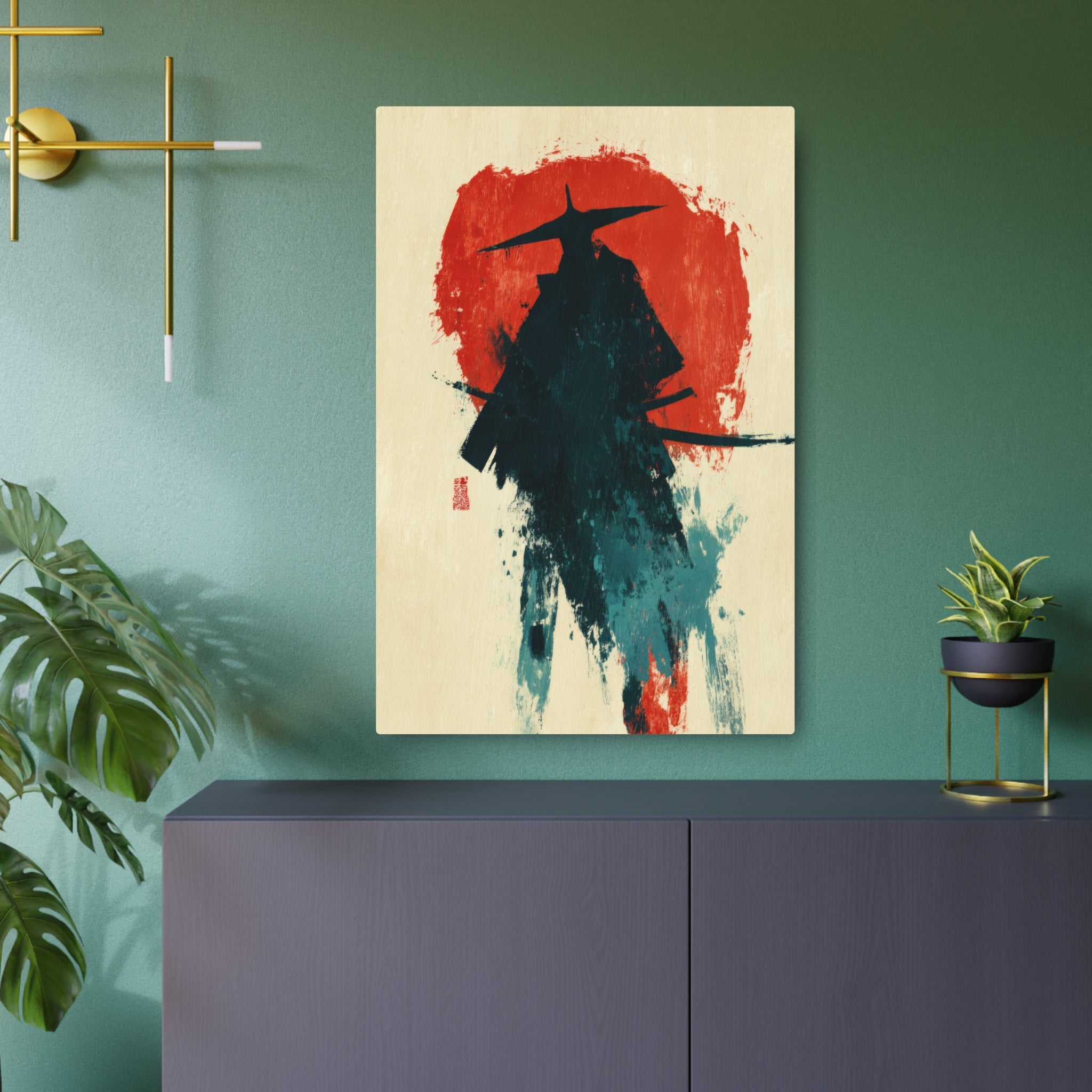 Samurai Silhouette Metal Art Sign — Japanese Ink Wash Wall Decor