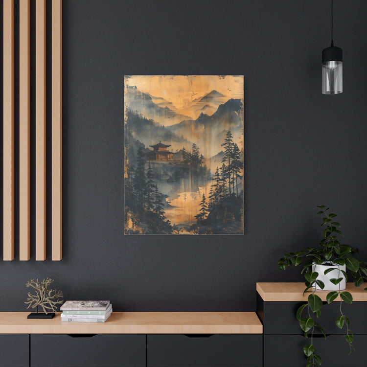 Golden Mist Mountain Landscape Canvas — Asian Pagoda Wall Art - The Art Hub