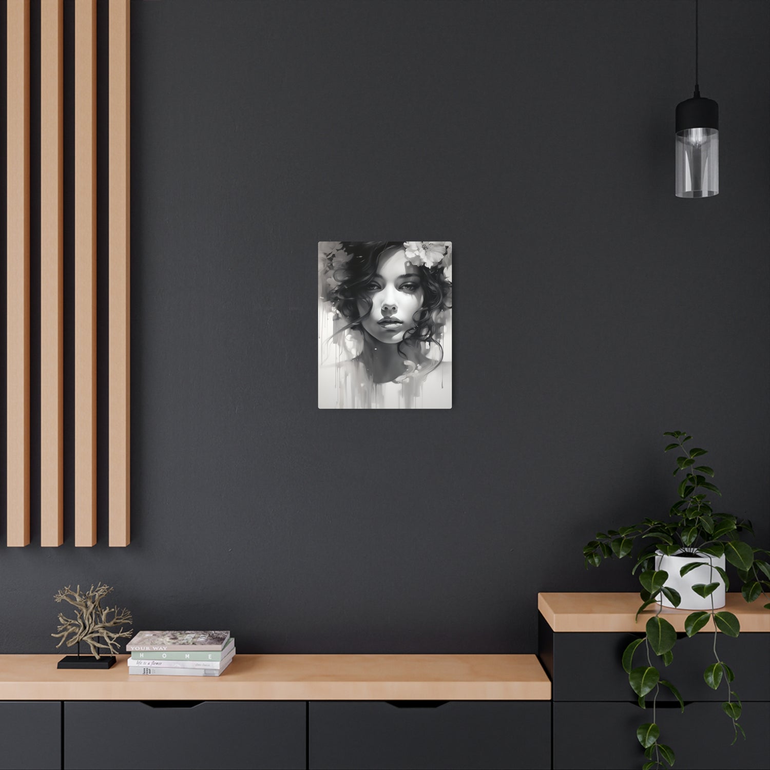 Metal Wall Art Sign — Monochrome Portrait of Woman with Floral Accents - The Art Hub