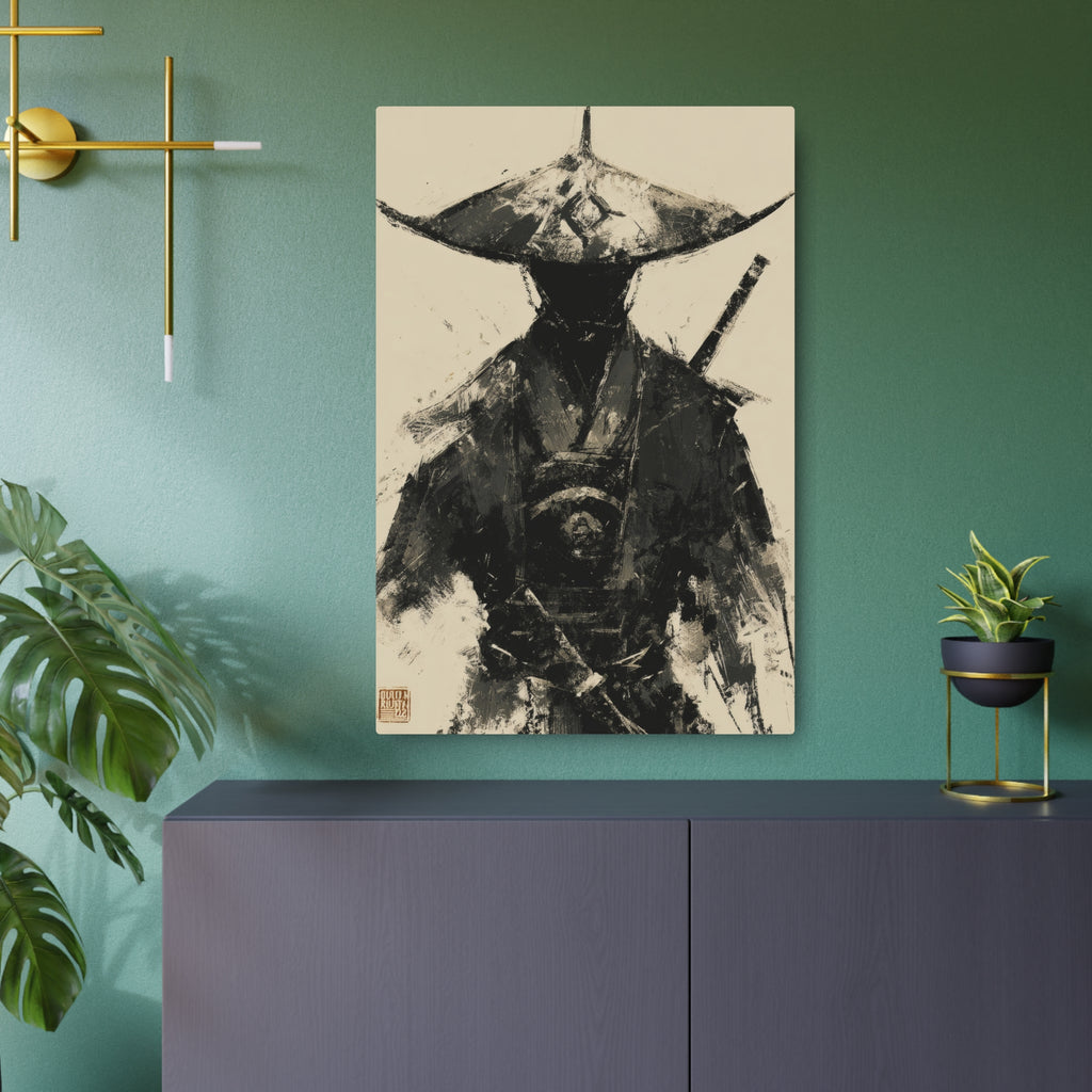 Samurai Ink Warrior Metal Art Sign — Japanese Sumi-e Wall Decor