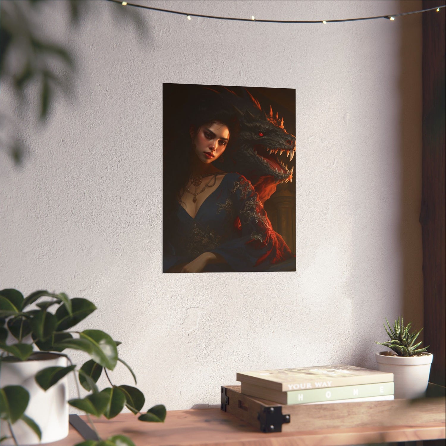 Fantasy Portrait Poster — Dark Sorceress with Dragon Matte Vertical Print - The Art Hub