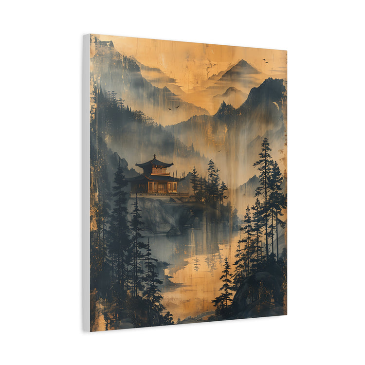 Golden Mist Mountain Landscape Canvas — Asian Pagoda Wall Art - The Art Hub
