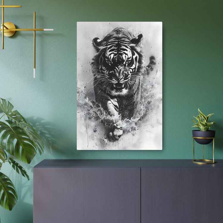 Tiger Metal Art — Dramatic Black & White Running Tiger Wall Decor - The Art Hub