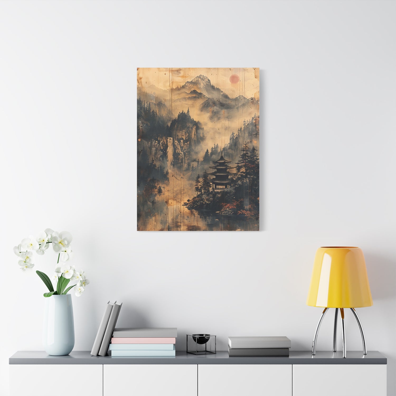 Zen Mountain Mist Canvas Art — Japanese Pagoda Landscape on Stretched Matte Canvas - The Art Hub