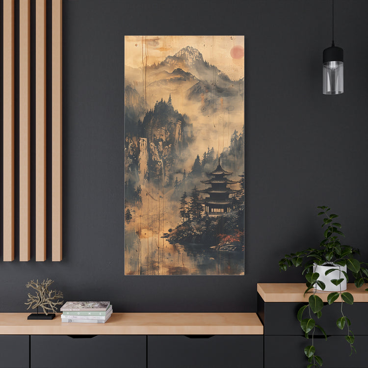 Zen Mountain Mist Canvas Art — Japanese Pagoda Landscape on Stretched Matte Canvas - The Art Hub