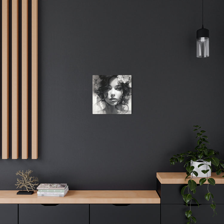 Metal Wall Art Sign — Monochrome Portrait of Woman with Floral Accents - The Art Hub
