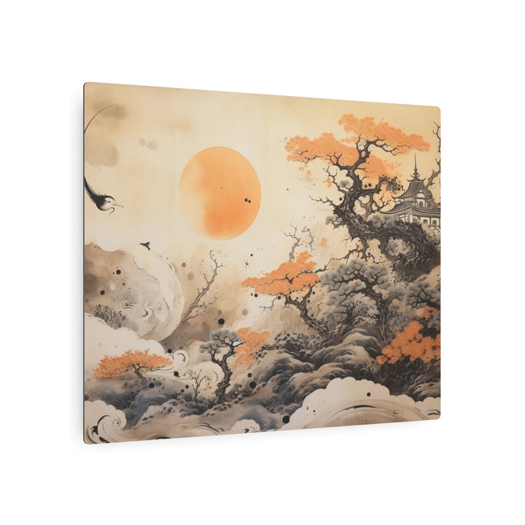 Japanese Landscape Metal Art Orange Sun & Bonsai Trees Wall Decor - The Art Hub