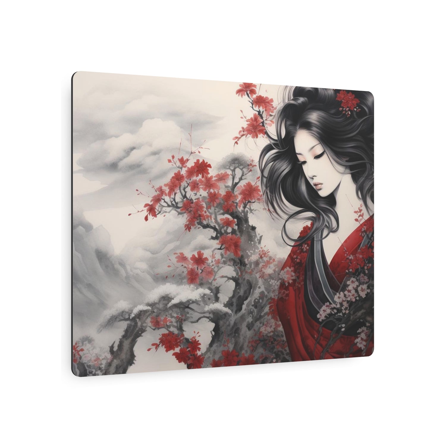Metal Art Elegant Geisha Landscape with Red Maple Blossoms - The Art Hub