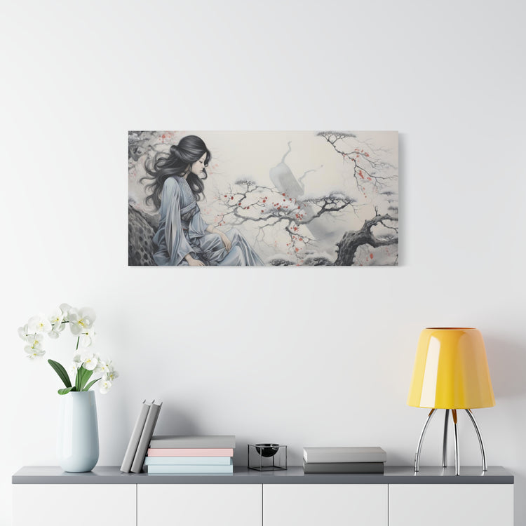 Canvas Wall Art Serene Geisha in Misty Cherry Blossom - The Art Hub