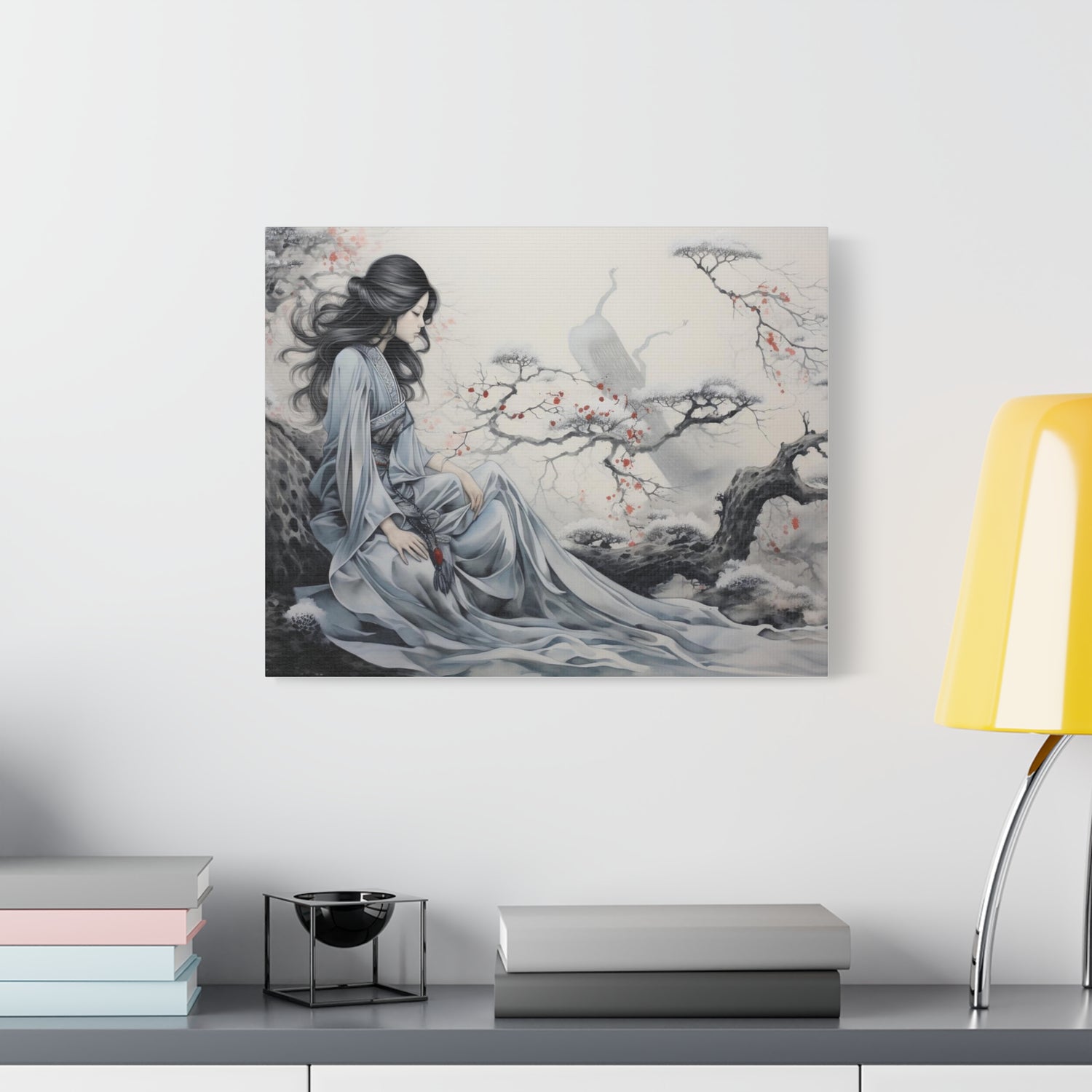 Canvas Wall Art Serene Geisha in Misty Cherry Blossom - The Art Hub