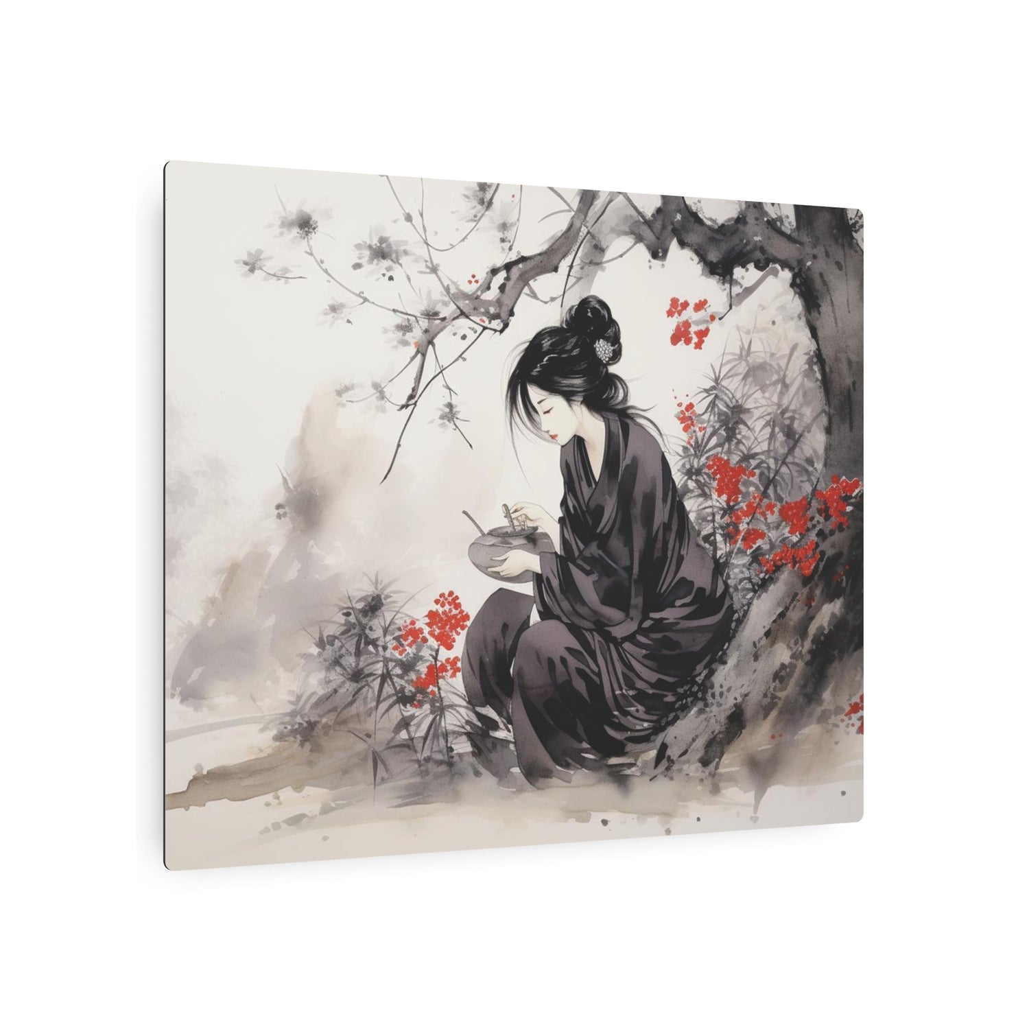 Metal Art Ink Wash Geisha Scene Wall Decor - The Art Hub