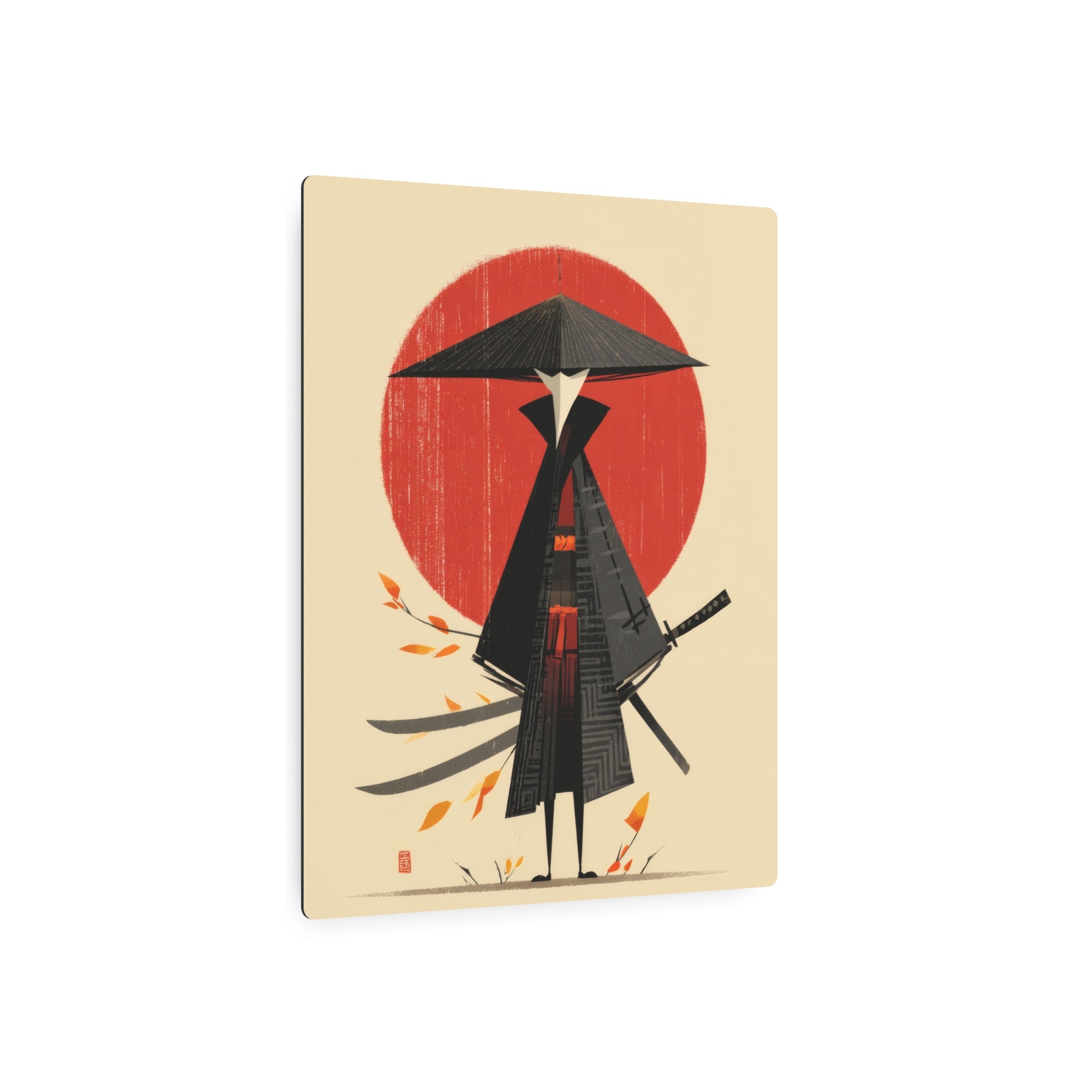 Samurai Metal Art Sign — Minimal Japanese Warrior Wall Decor with Red Sun