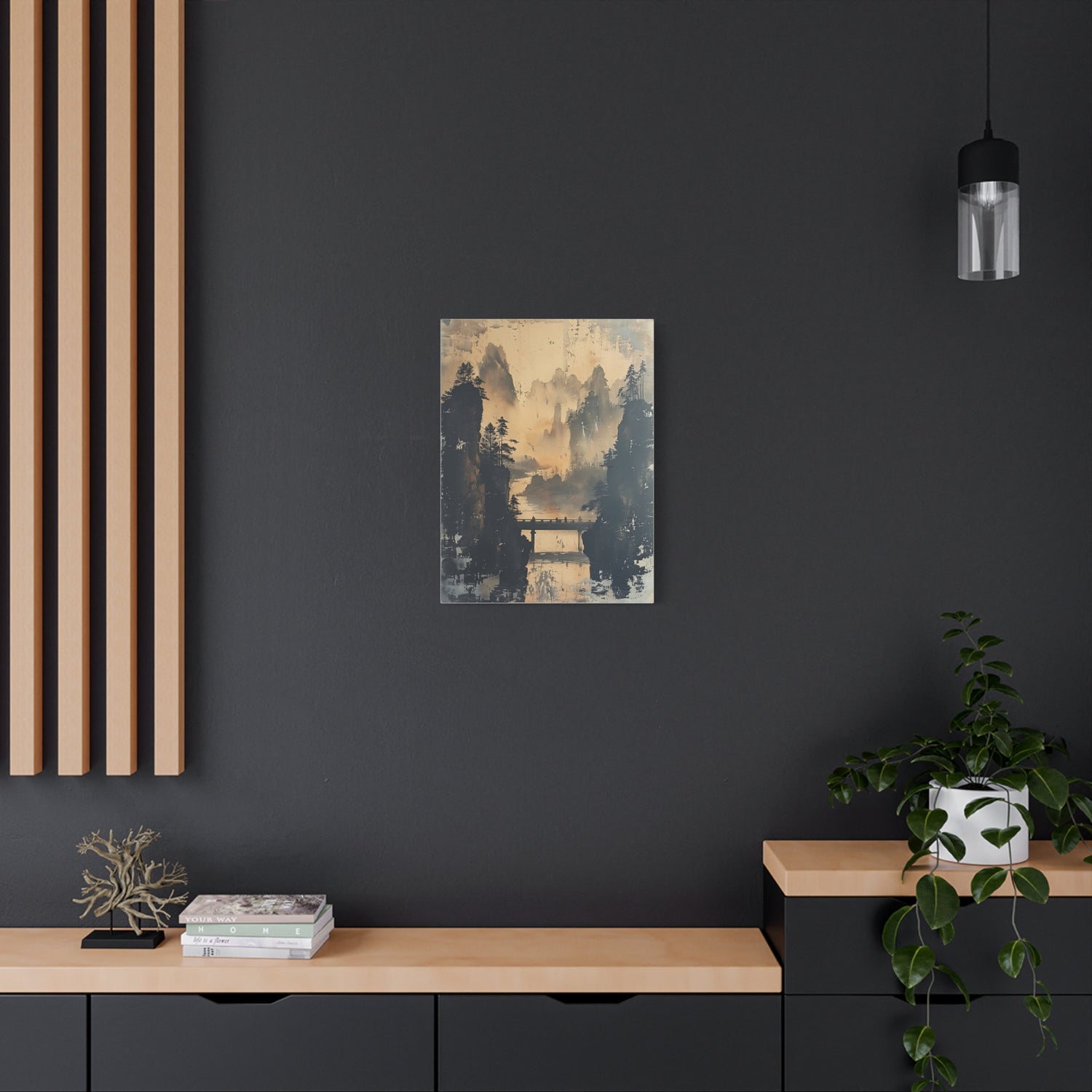 Serene Mountain Bridge Canvas Wall Art — East Asian Landscape Matte Stretched Print - The Art Hub