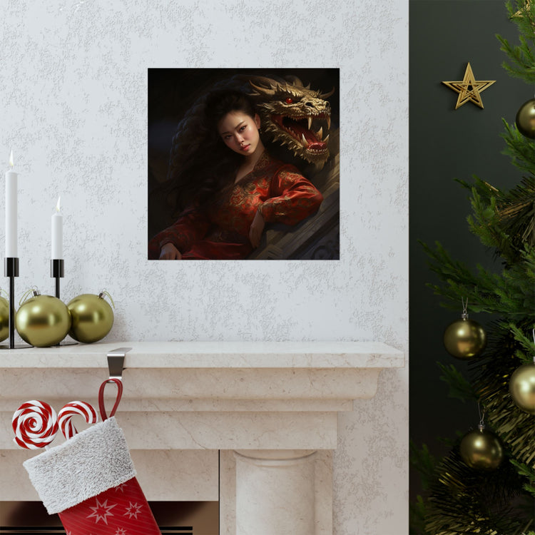 Matte Vertical Poster — Asian Warrior Woman with Dragon Art Print - The Art Hub