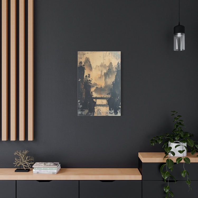 Serene Mountain Bridge Canvas Wall Art — East Asian Landscape Matte Stretched Print - The Art Hub