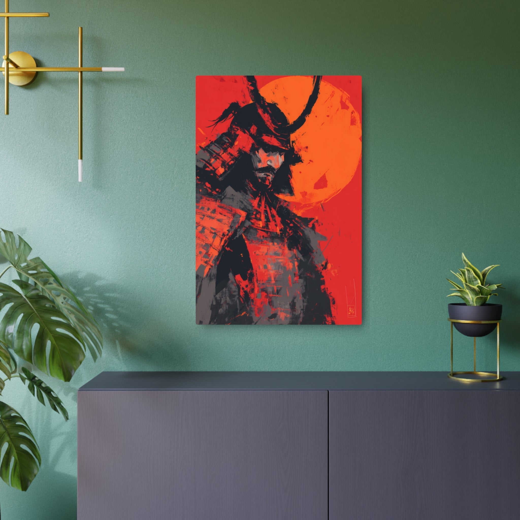 Samurai Moon Metal Art Sign — Red Warrior Wall Decor