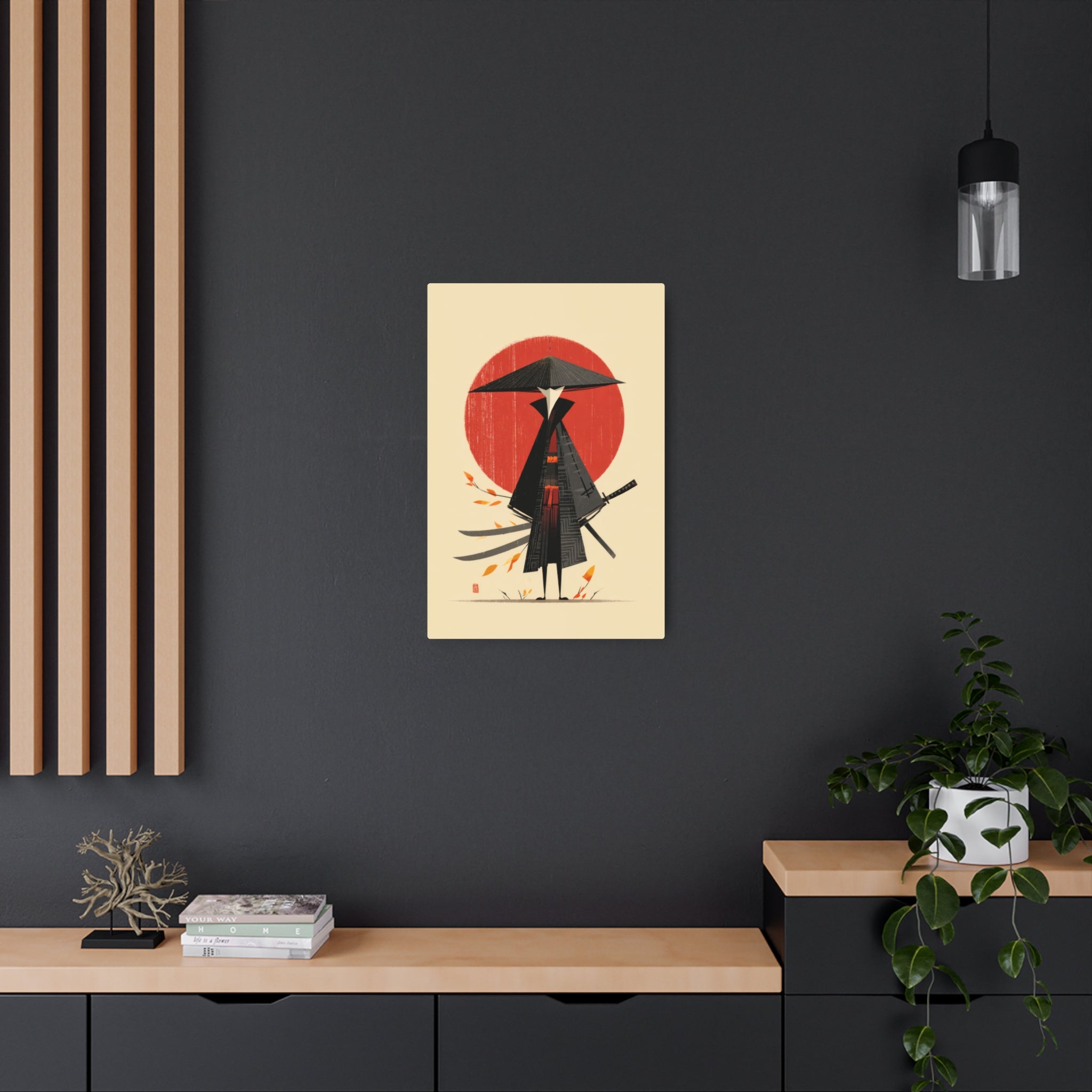 Samurai Metal Art Sign — Minimal Japanese Warrior Wall Decor with Red Sun