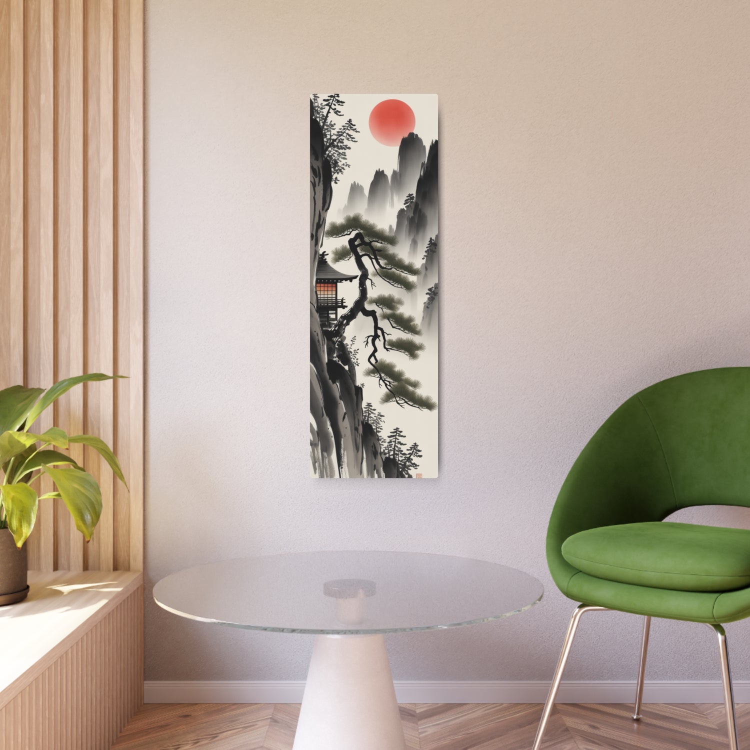 Japanese Landscape with Red Sun Vertical Wall Decor - The Art Hub