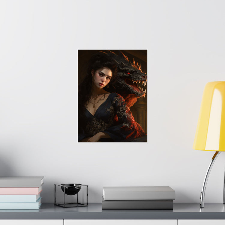 Fantasy Portrait Poster — Dark Sorceress with Dragon Matte Vertical Print - The Art Hub