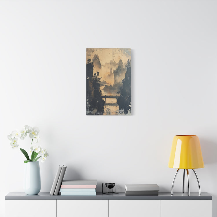 Serene Mountain Bridge Canvas Wall Art — East Asian Landscape Matte Stretched Print - The Art Hub