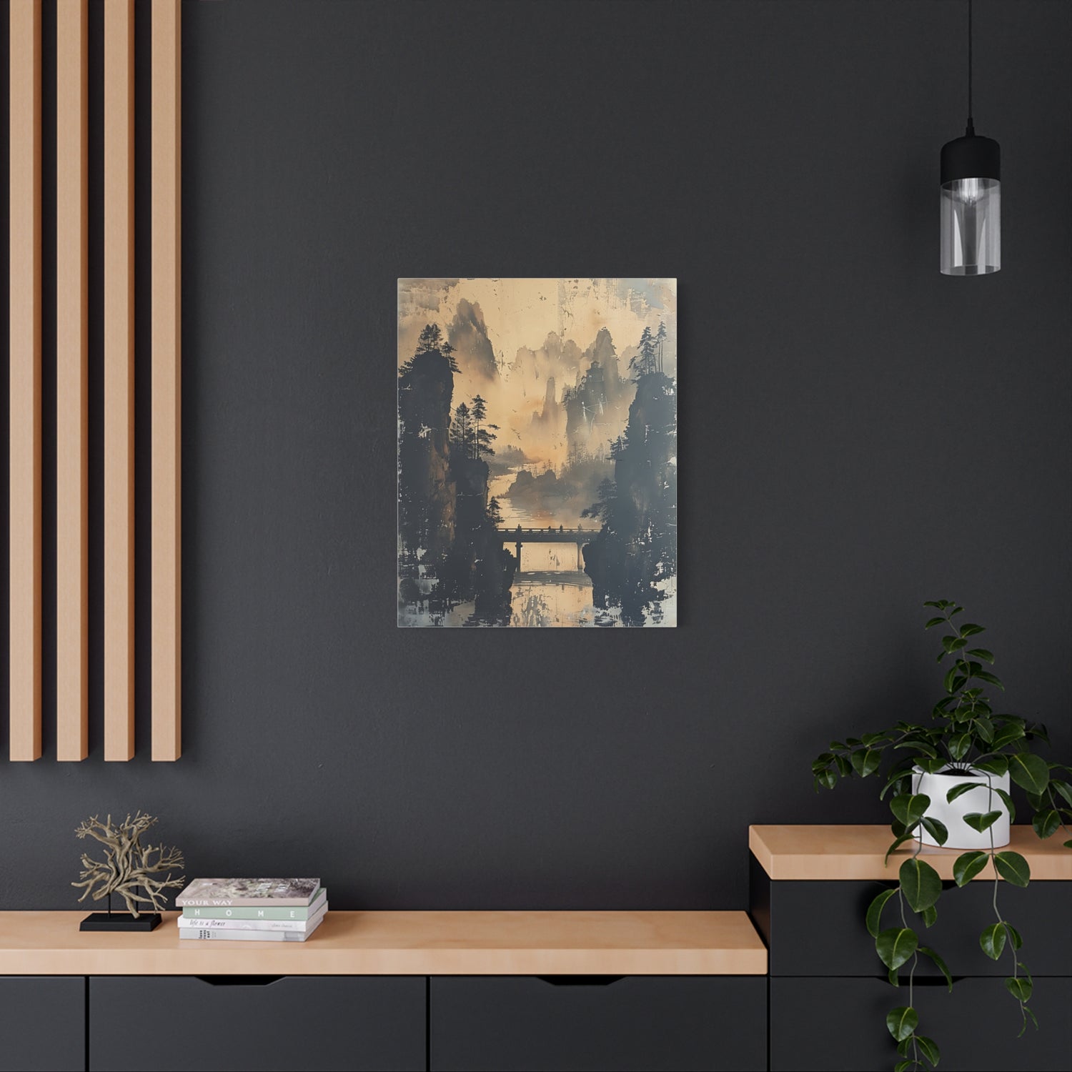 Serene Mountain Bridge Canvas Wall Art — East Asian Landscape Matte Stretched Print - The Art Hub