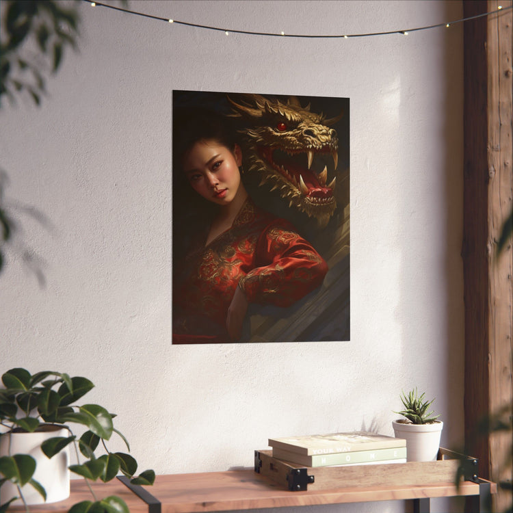 Matte Vertical Poster — Asian Warrior Woman with Dragon Art Print - The Art Hub