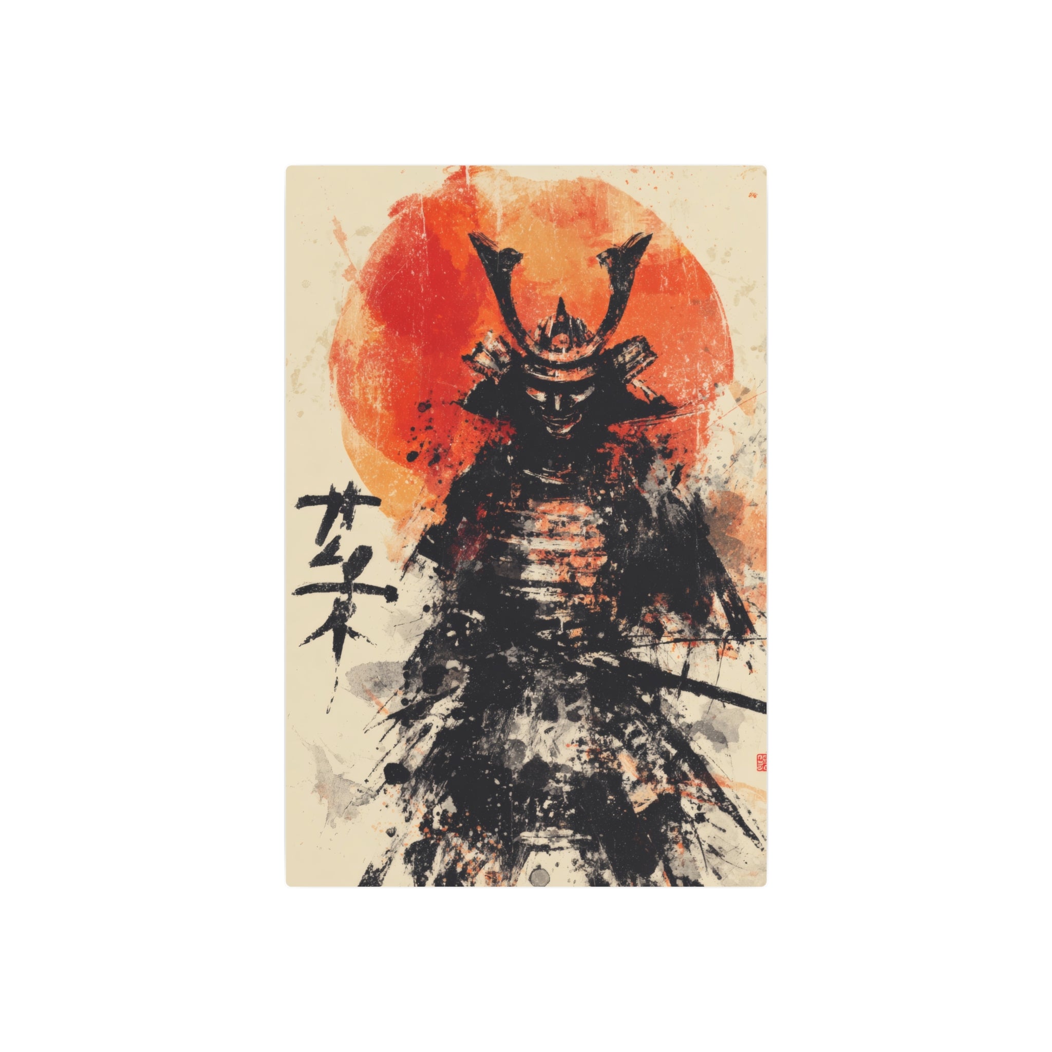 Samurai Metal Art Sign — Ink Wash Warrior with Rising Sun
