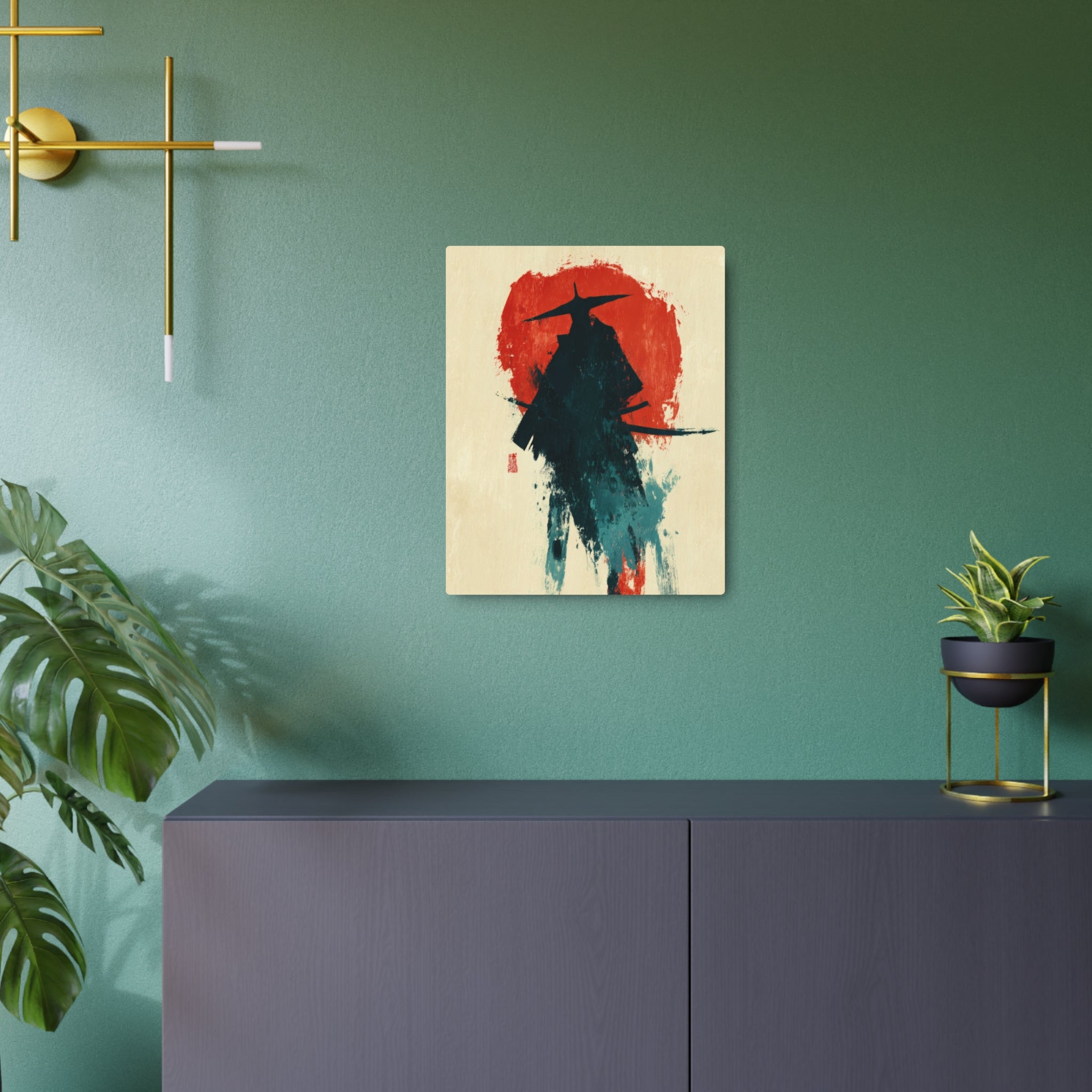 Samurai Silhouette Metal Art Sign — Japanese Ink Wash Wall Decor