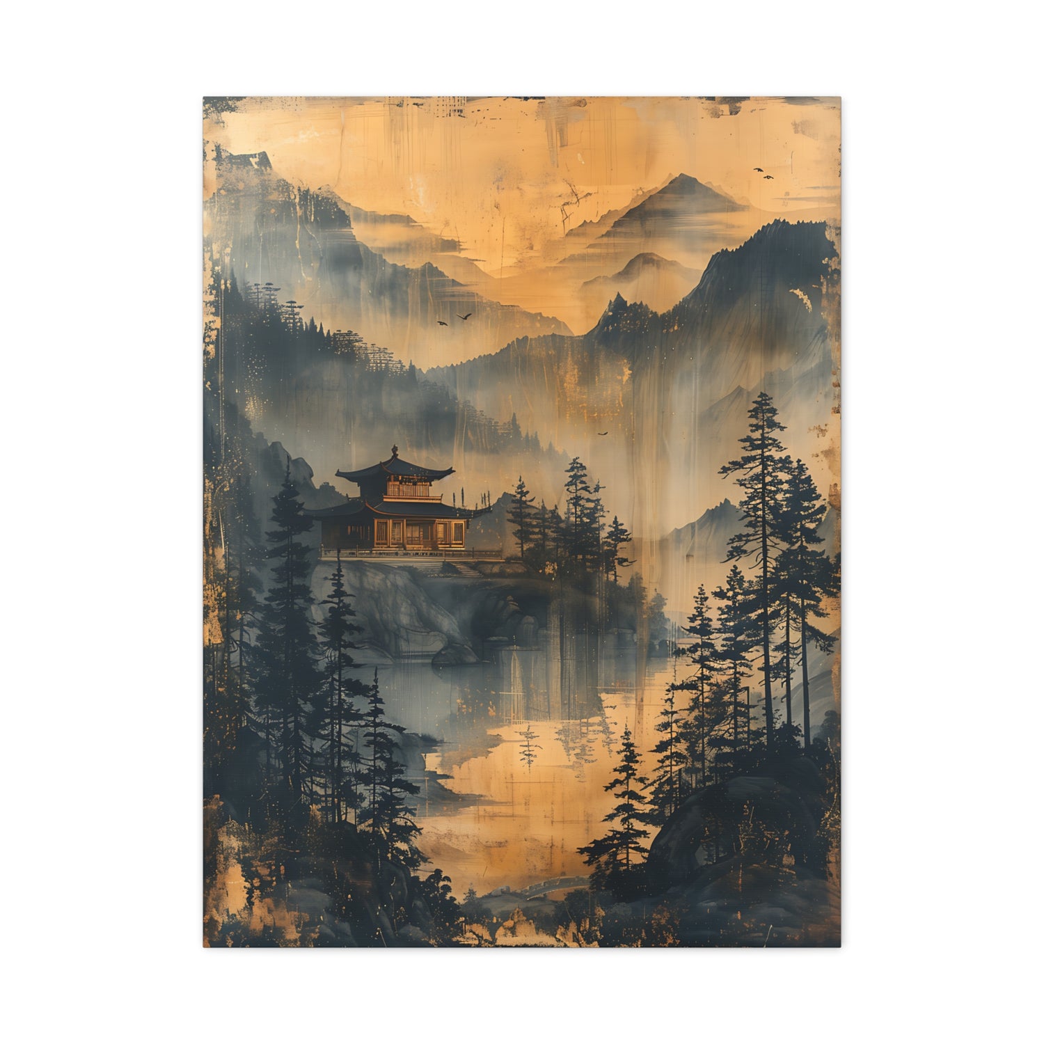 Golden Mist Mountain Landscape Canvas — Asian Pagoda Wall Art - The Art Hub