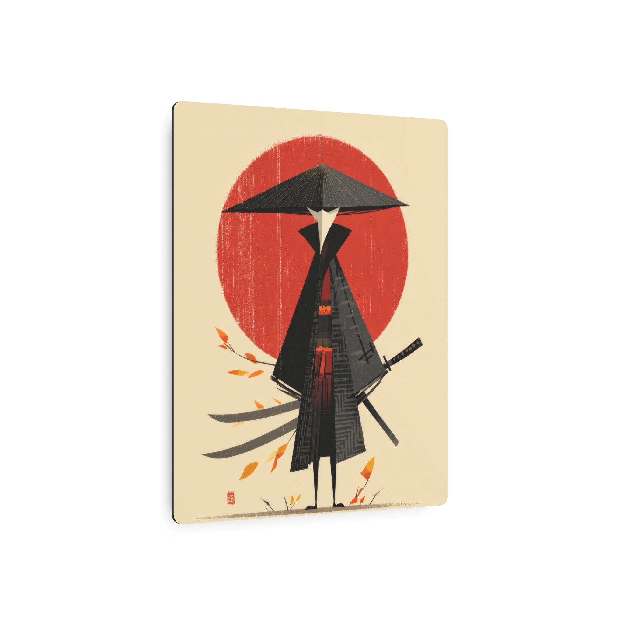 Samurai Metal Art Sign — Minimal Japanese Warrior Wall Decor with Red Sun