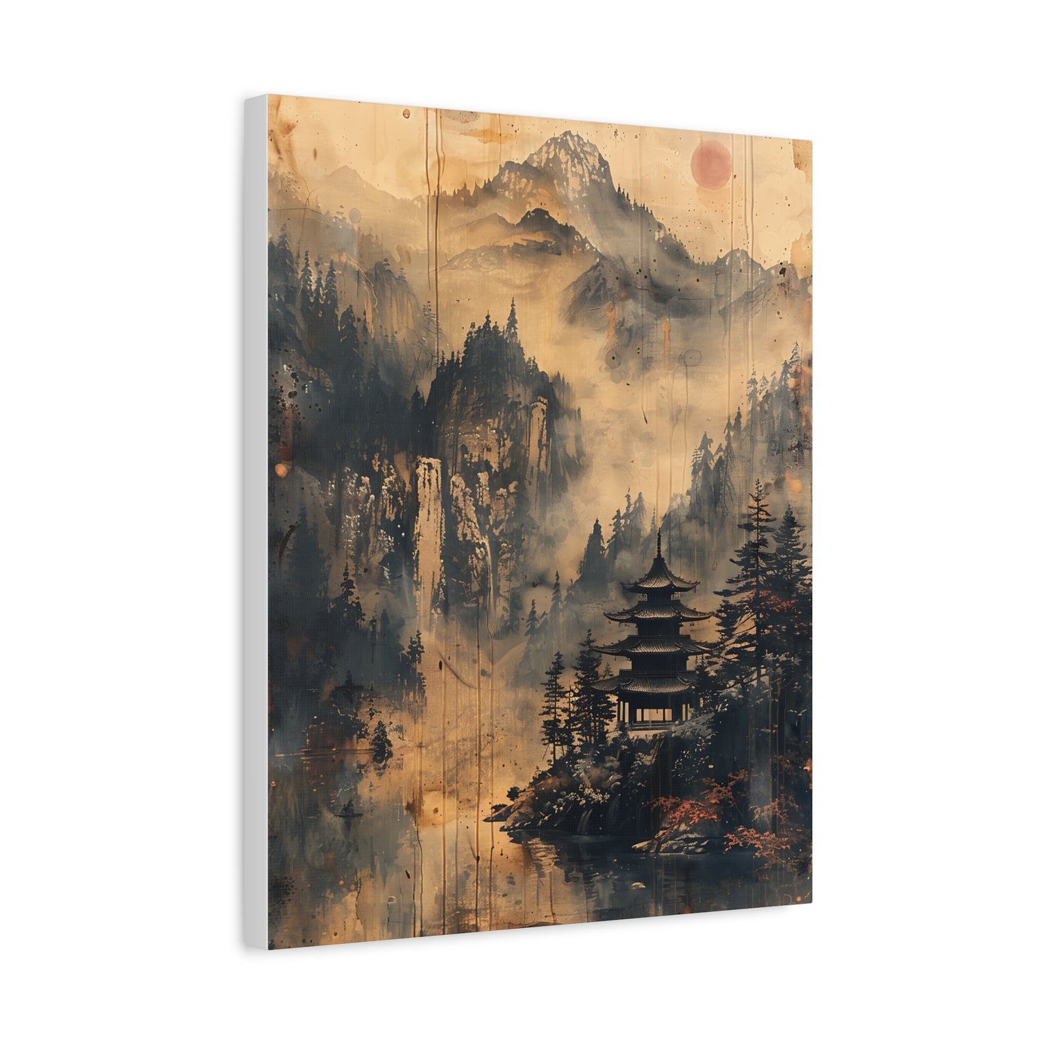 Zen Mountain Mist Canvas Art — Japanese Pagoda Landscape on Stretched Matte Canvas - The Art Hub