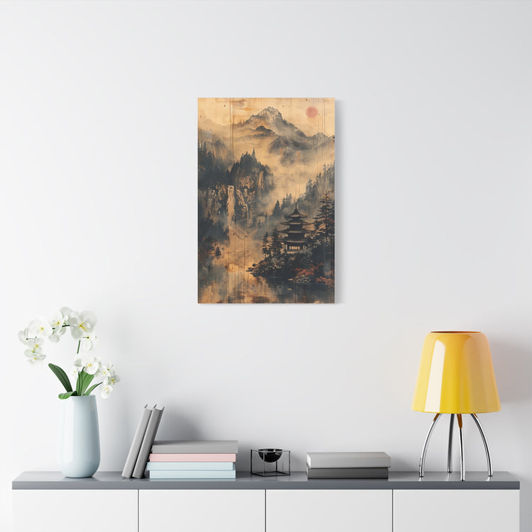 Zen Mountain Mist Canvas Art — Japanese Pagoda Landscape on Stretched Matte Canvas - The Art Hub