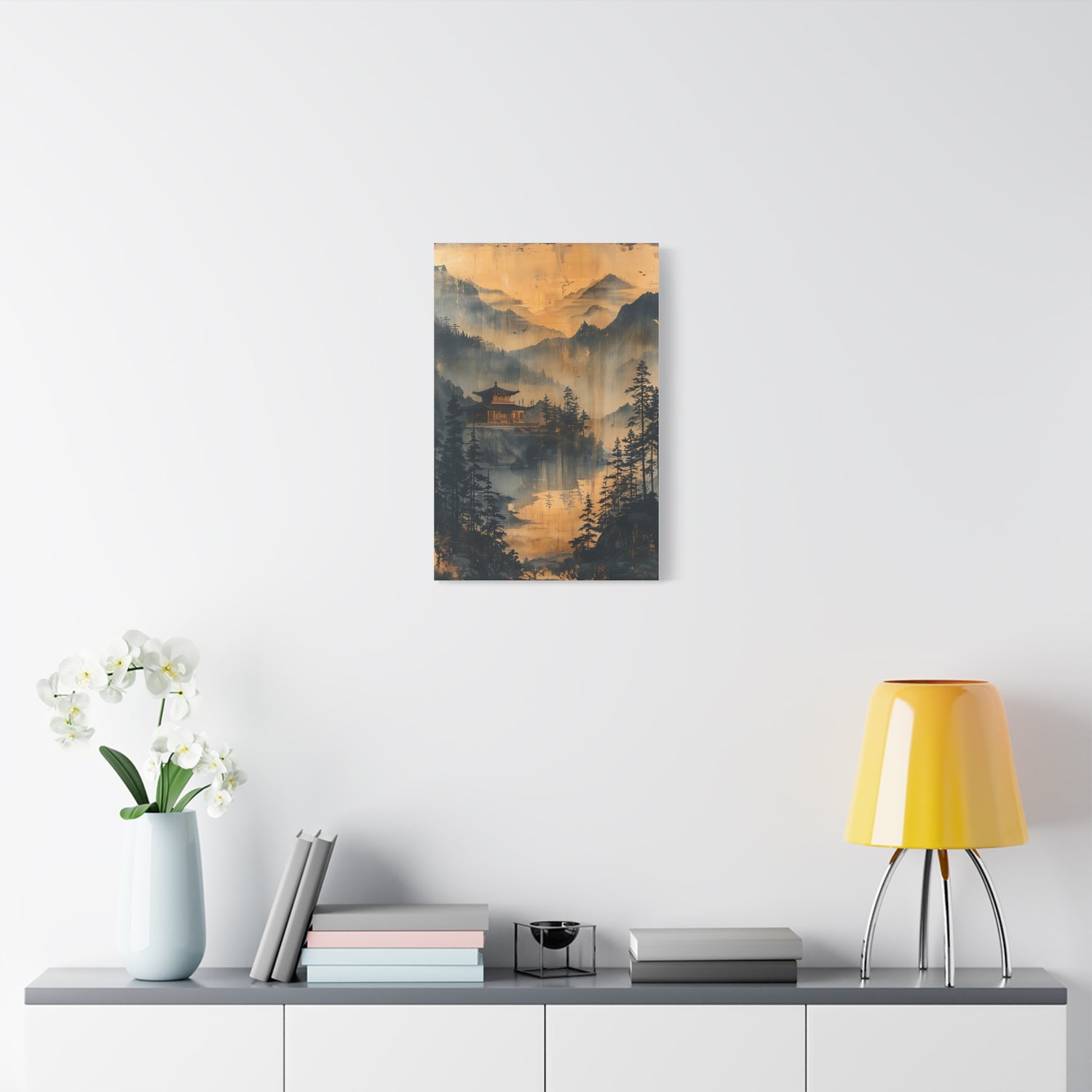 Golden Mist Mountain Landscape Canvas — Asian Pagoda Wall Art - The Art Hub