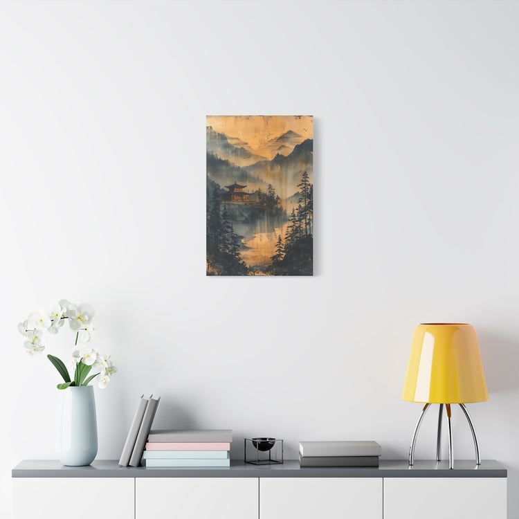 Golden Mist Mountain Landscape Canvas — Asian Pagoda Wall Art - The Art Hub