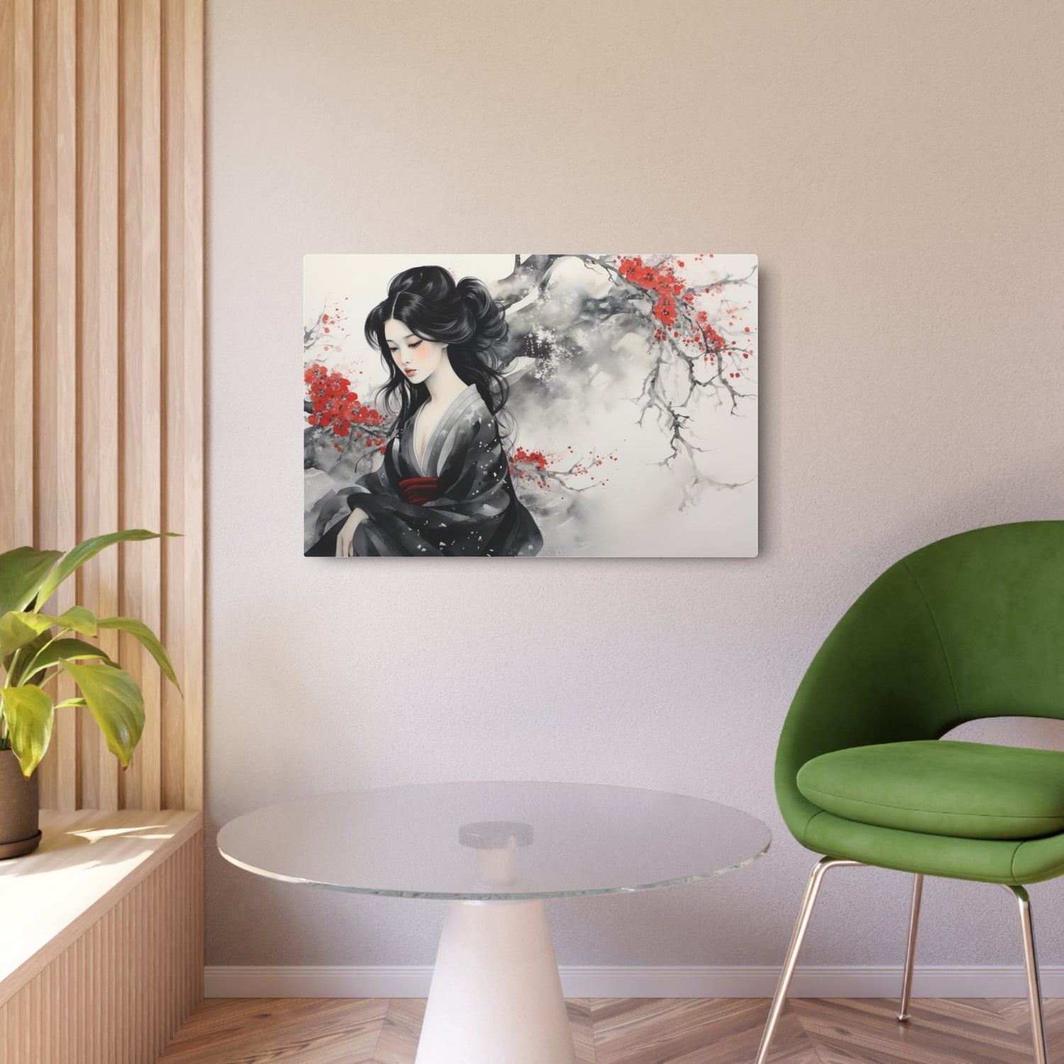 Metal Art Japanese Geisha Wall Decor with Cherry Blossom Ink Wash - The Art Hub