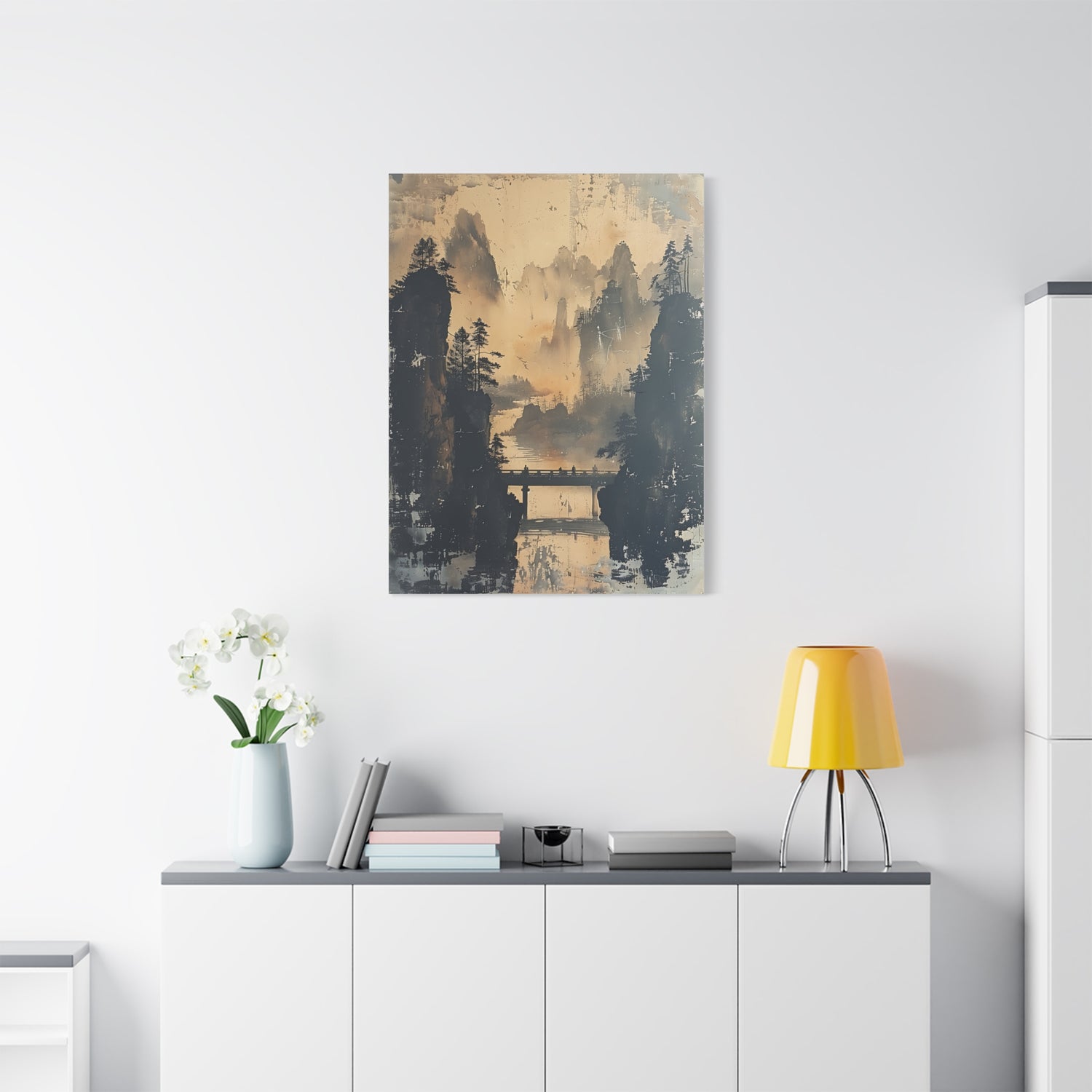 Serene Mountain Bridge Canvas Wall Art — East Asian Landscape Matte Stretched Print - The Art Hub