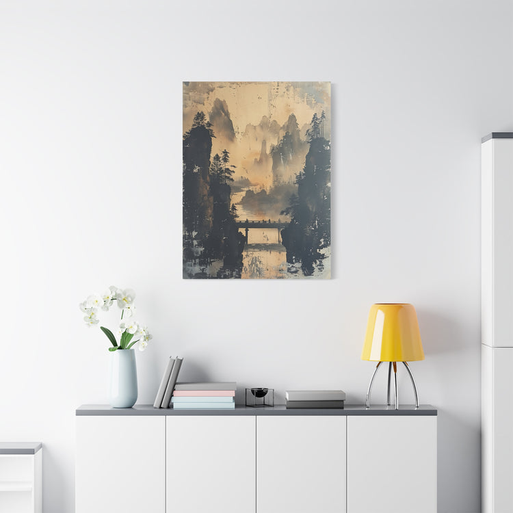 Serene Mountain Bridge Canvas Wall Art — East Asian Landscape Matte Stretched Print - The Art Hub