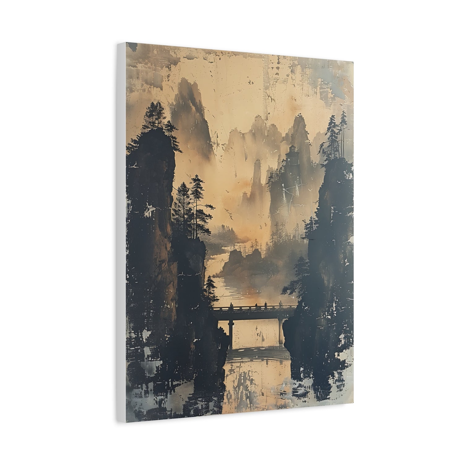 Serene Mountain Bridge Canvas Wall Art — East Asian Landscape Matte Stretched Print - The Art Hub
