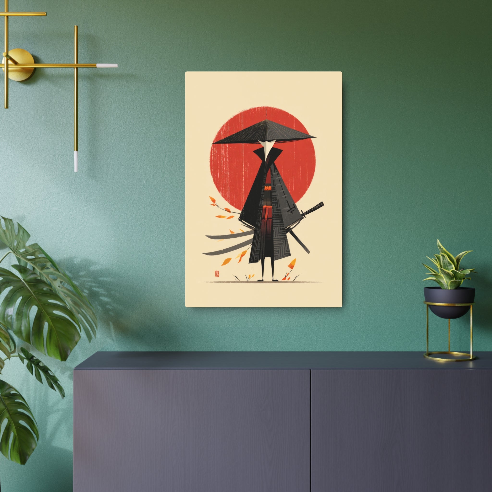 Samurai Metal Art Sign — Minimal Japanese Warrior Wall Decor with Red Sun