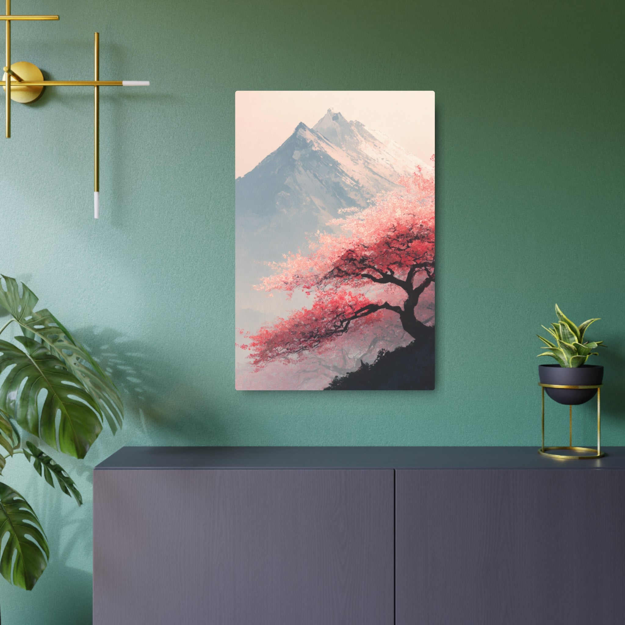 Metal Art Sign - Cherry Blossom Mountain Landscape Wall Decor