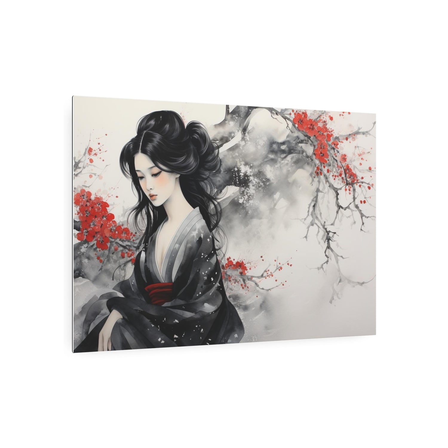 Metal Art Japanese Geisha Wall Decor with Cherry Blossom Ink Wash - The Art Hub