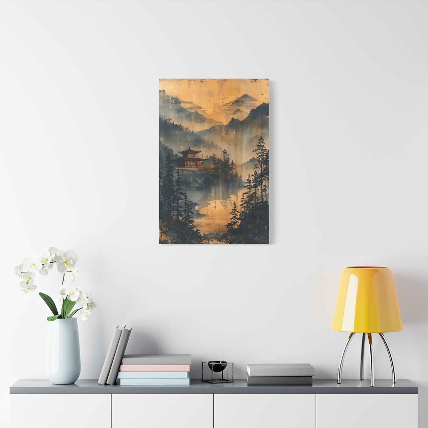 Golden Mist Mountain Landscape Canvas — Asian Pagoda Wall Art - The Art Hub