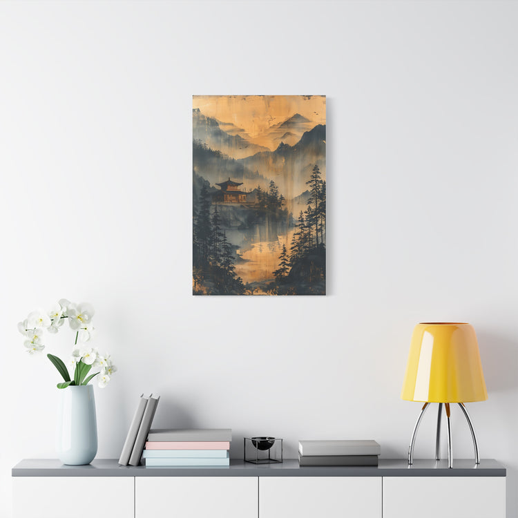 Golden Mist Mountain Landscape Canvas — Asian Pagoda Wall Art - The Art Hub